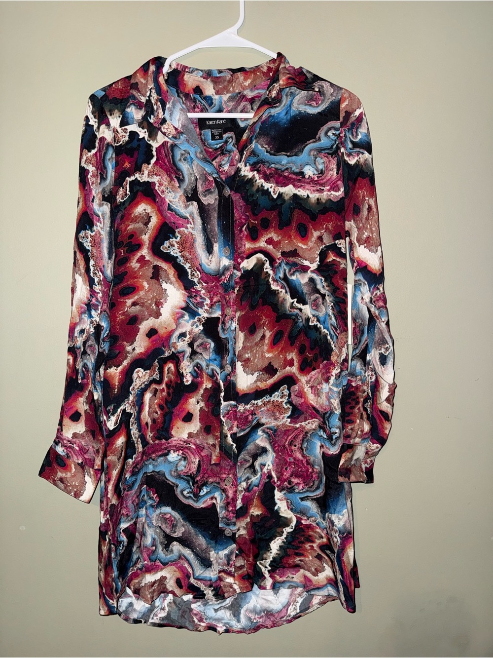 Karen Kane Long Sleeve Multicolor Abstract Tunic Dress - Wine, Blue, Cream